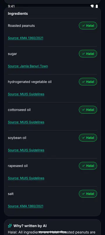 The Halify screen showing the sources behind a Halal verdict.