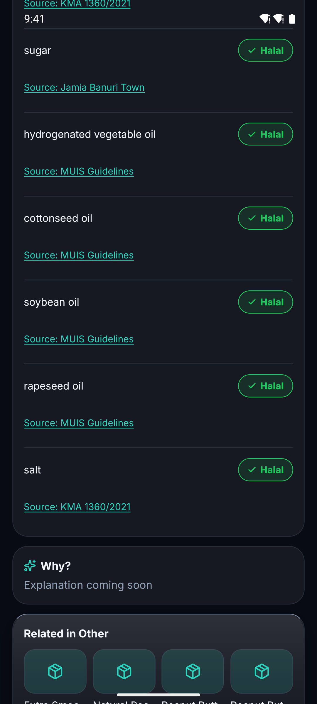 The Halify screen showing the sources behind a Halal verdict.