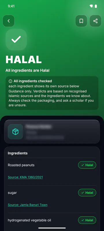 Halify verdict screen for a scanned snack, showing the verdict, the reason, the source and the disclaimer.
