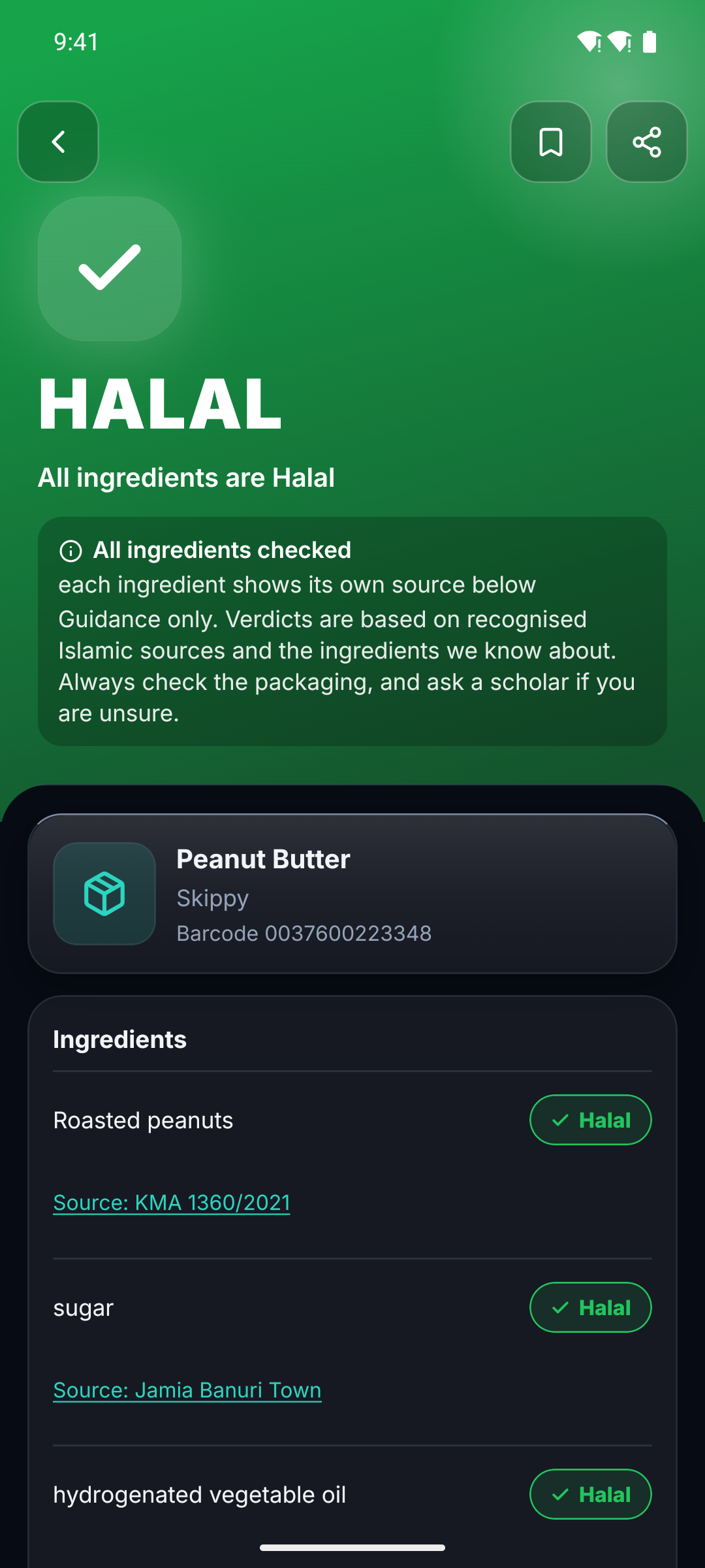 Halify verdict screen for a scanned snack, showing the verdict, the reason, the source and the disclaimer.