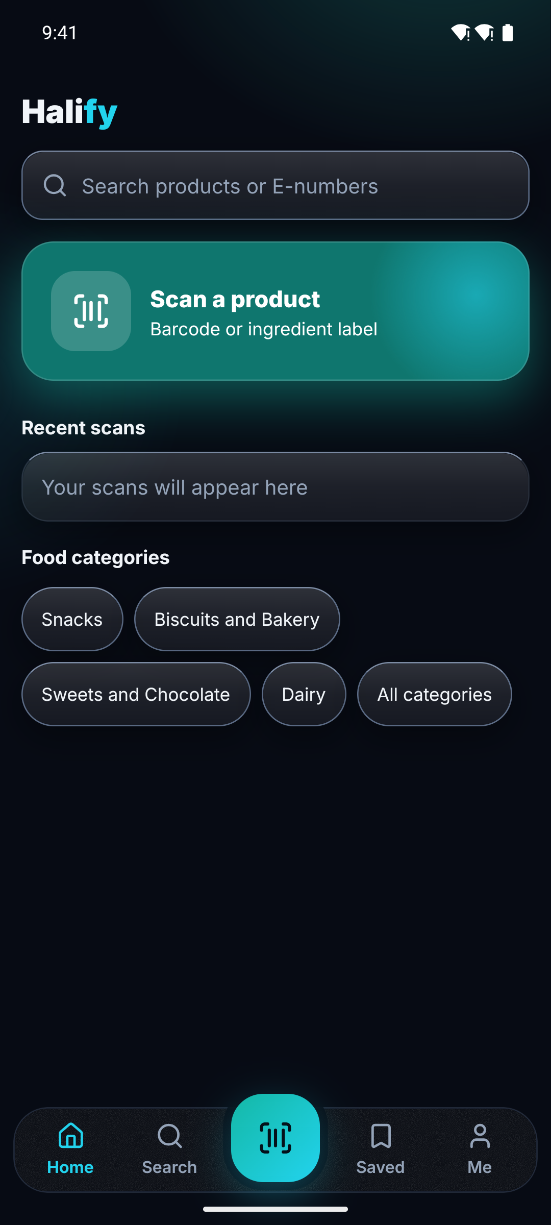 The Halify home screen.