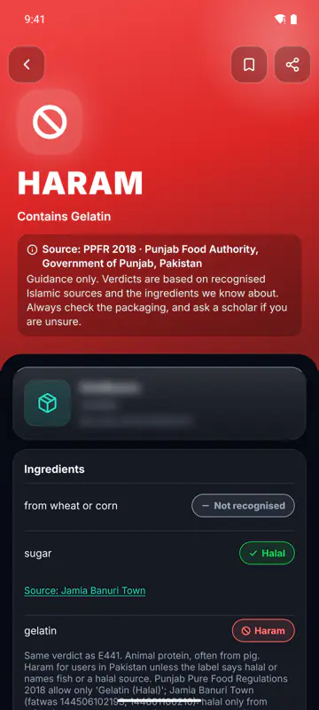 The Halify verdict screen showing a Haram verdict.
