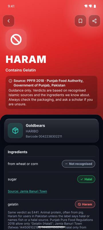 The Halify verdict screen showing a Haram verdict.