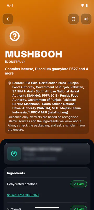 The Halify verdict screen showing a Mushbooh verdict.